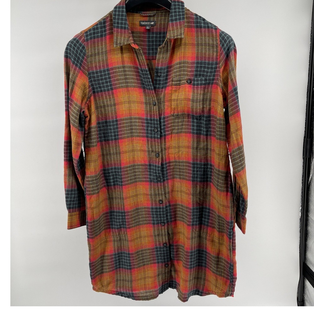 Toad&Co Plaid Long-Sleeve Shirt Dress in Red, Orange, Blue